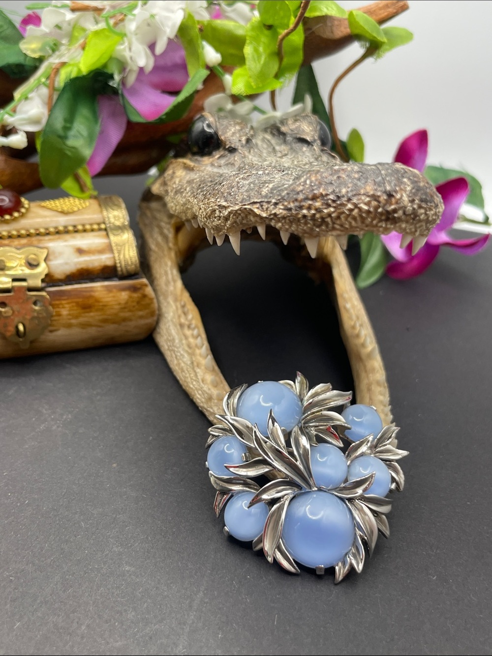 Sterling silver with blue glass cab brooch vintage